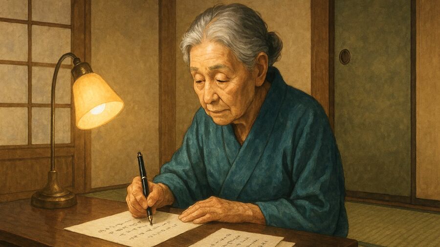 90代の日本人女性が自宅で短歌を詠んでいる様子