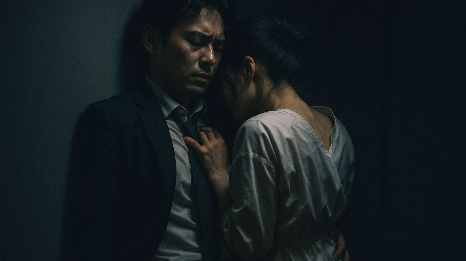 スーツ姿の男性と和服姿の女性が薄暗い場所で切なく抱き合う不倫シーン