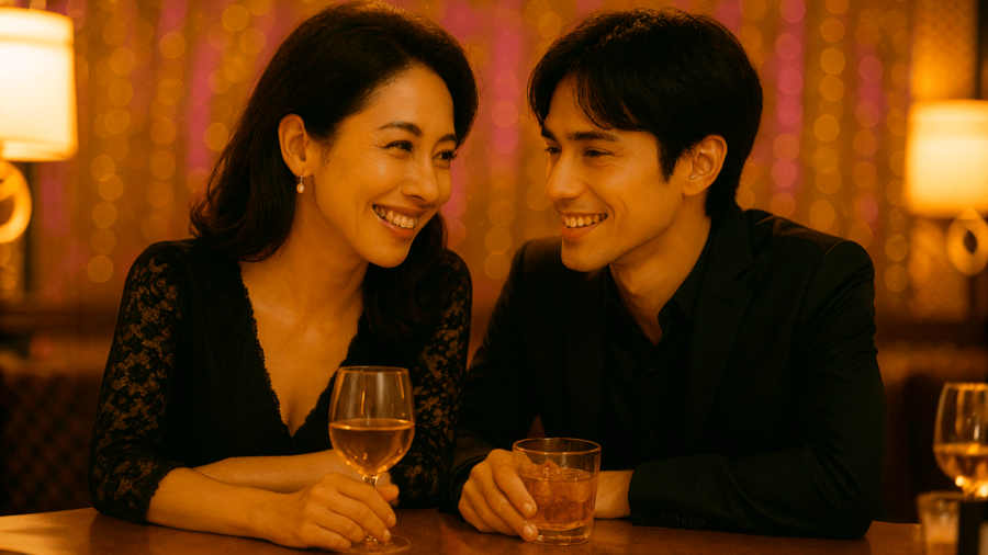 ムーディーなバーで寄り添いながらお酒を楽しむ50代女性と30代男性