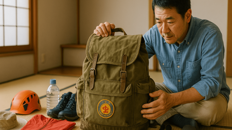 夏の登山に向けて緑色のキャンバスザックを手に取り、装備を点検する中年男性
