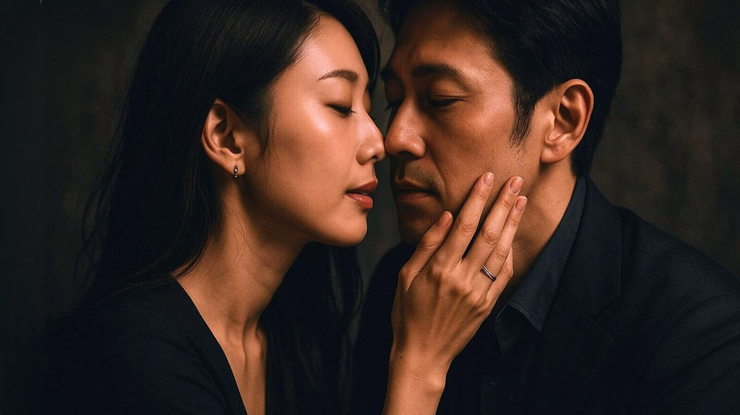 既婚女性と男性が顔を寄せ合う不倫シーン