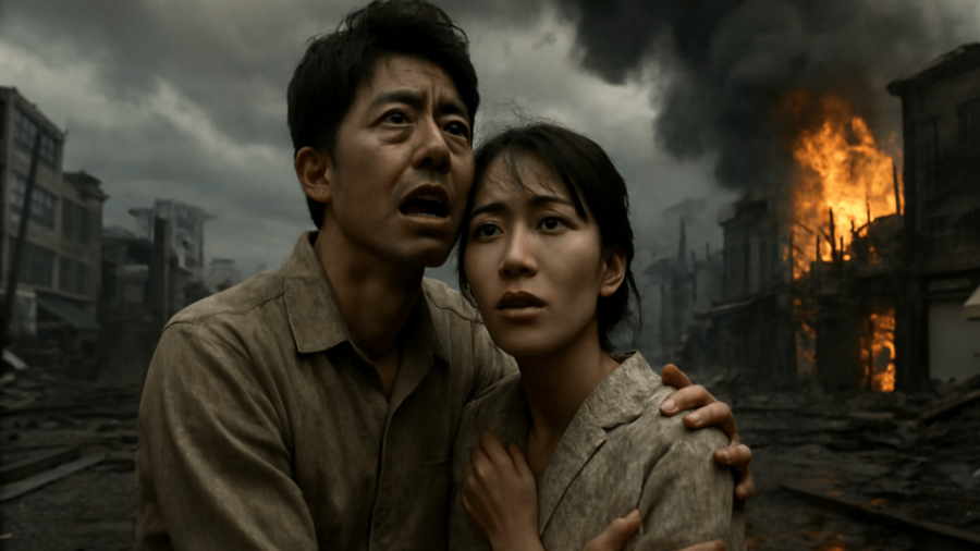 戦争のさなか爆撃に怯える夫婦