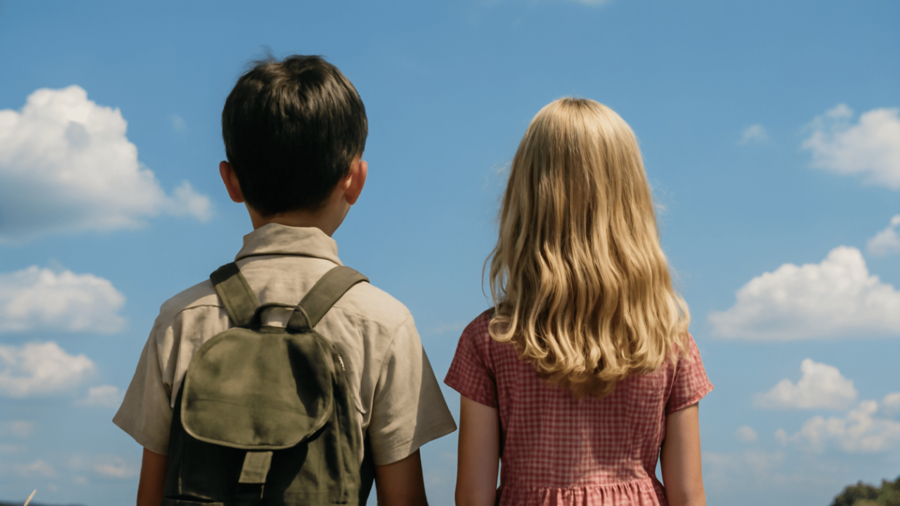 戦争で妹を失った少年とアメリカ人少女が寄り添う図