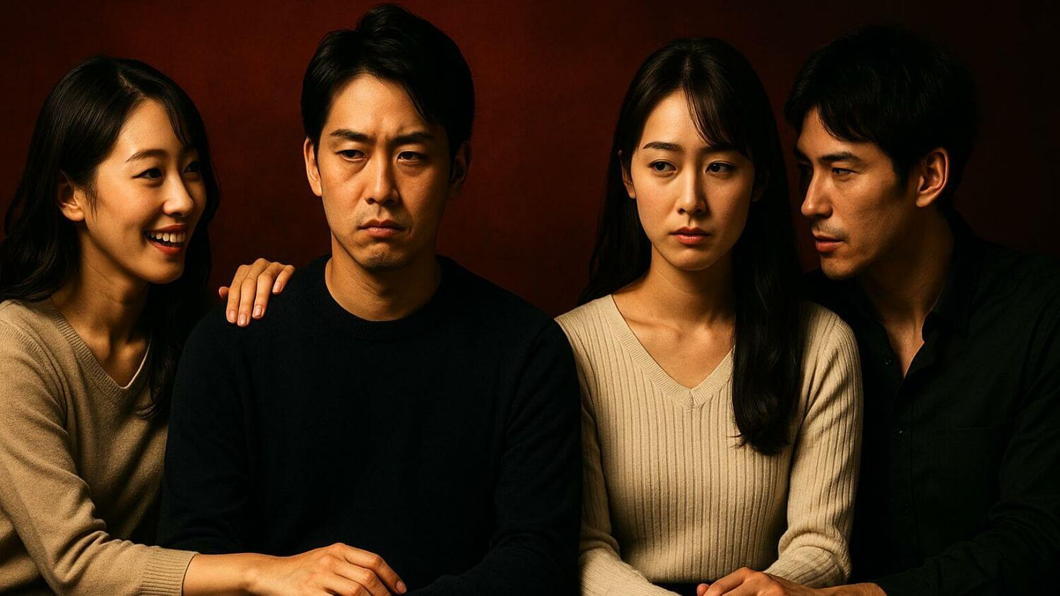 W不倫している夫婦とその各不倫相手との4人が集まったビジュアル画像