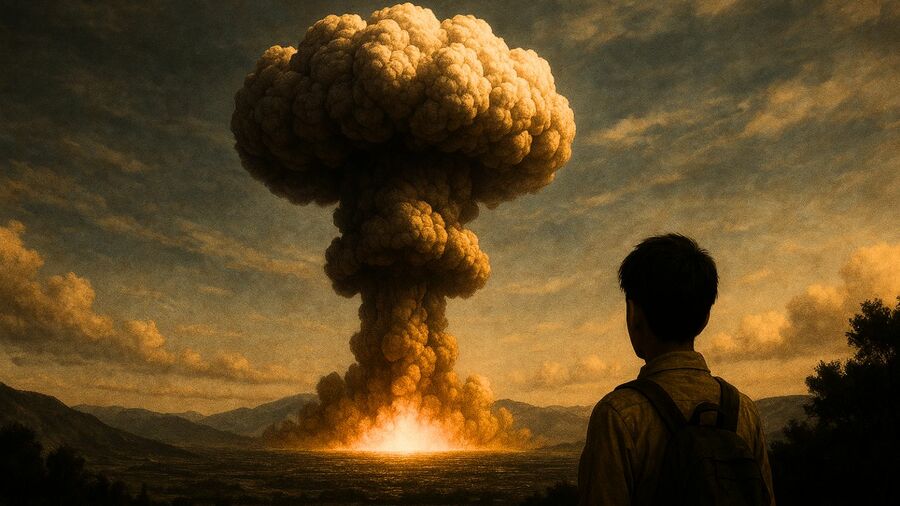 原爆が投下された瞬間の光景(遠くで見ている少年の視点)
